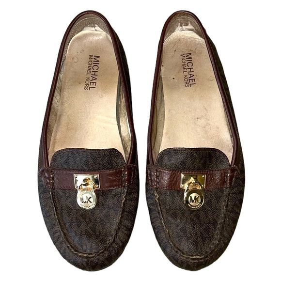 Michael Kors Hamilton Brown MK Logo Gold Padlock Loafers - 9 - Picture 7 of 16